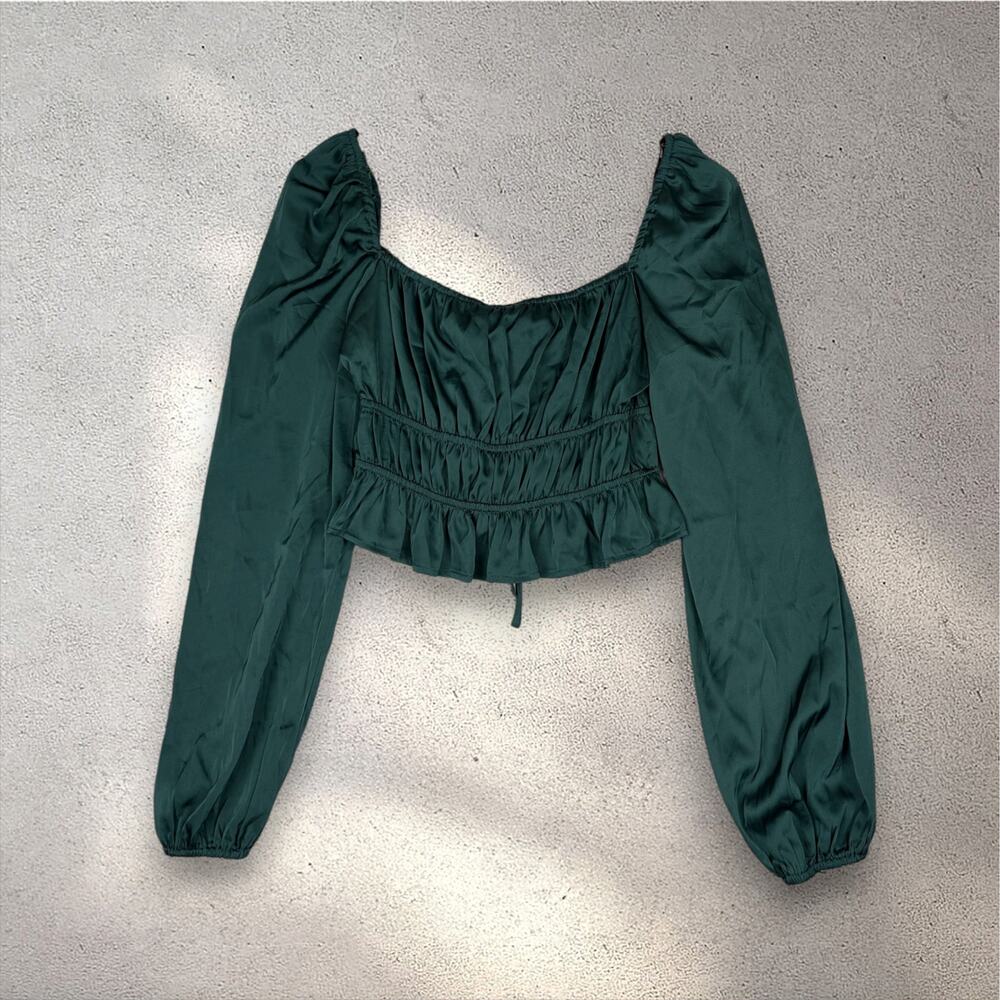 NWT Forever 21 Satin Tie Front Blouse Women's S Green Fairy Princess Cottagecore - Picture 3 of 9